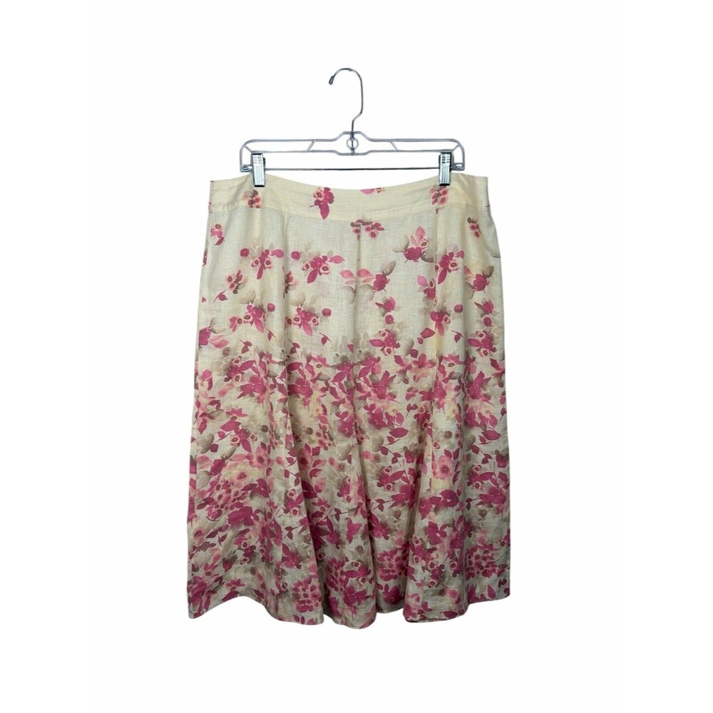 JM Collection 100% Linen Floral Midi Skirt Size 14 Pink Cream Garden Cottagecore